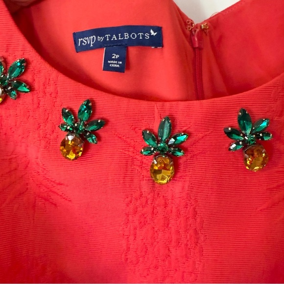 Talbots RSVP Coral Red Pineapple Jeweled Matelasse Sleeveless Sheath Dress- 2P - Picture 4 of 10